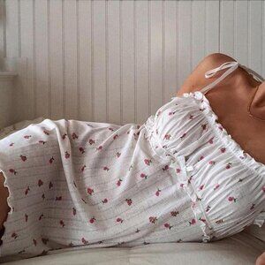 For Love & Lemons White and Pink Floral Blossom Pointelle Dress